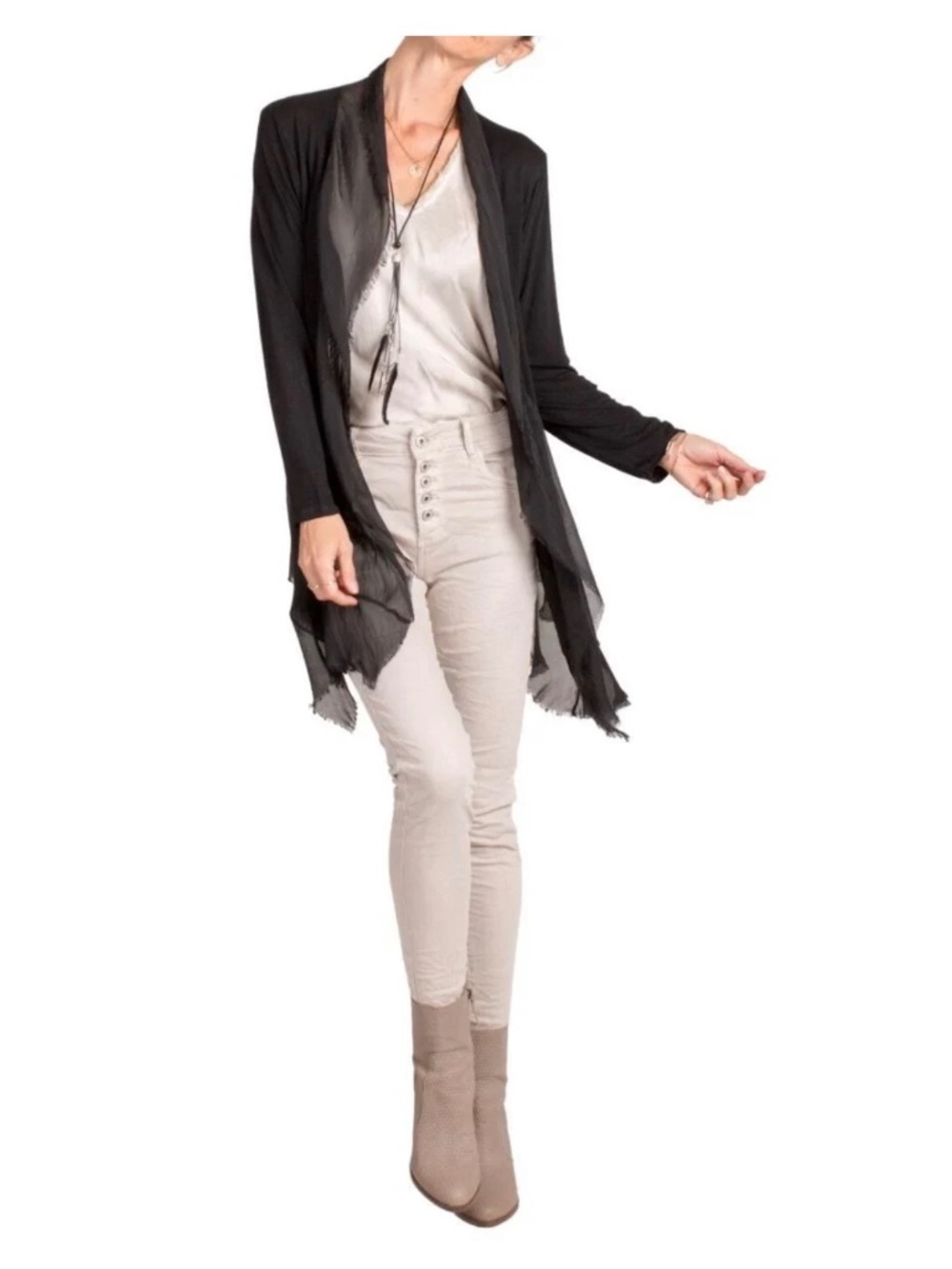 Gigi Moda Black Silk Cardigan One Size Raw Edge Ruffle Open Front NWT